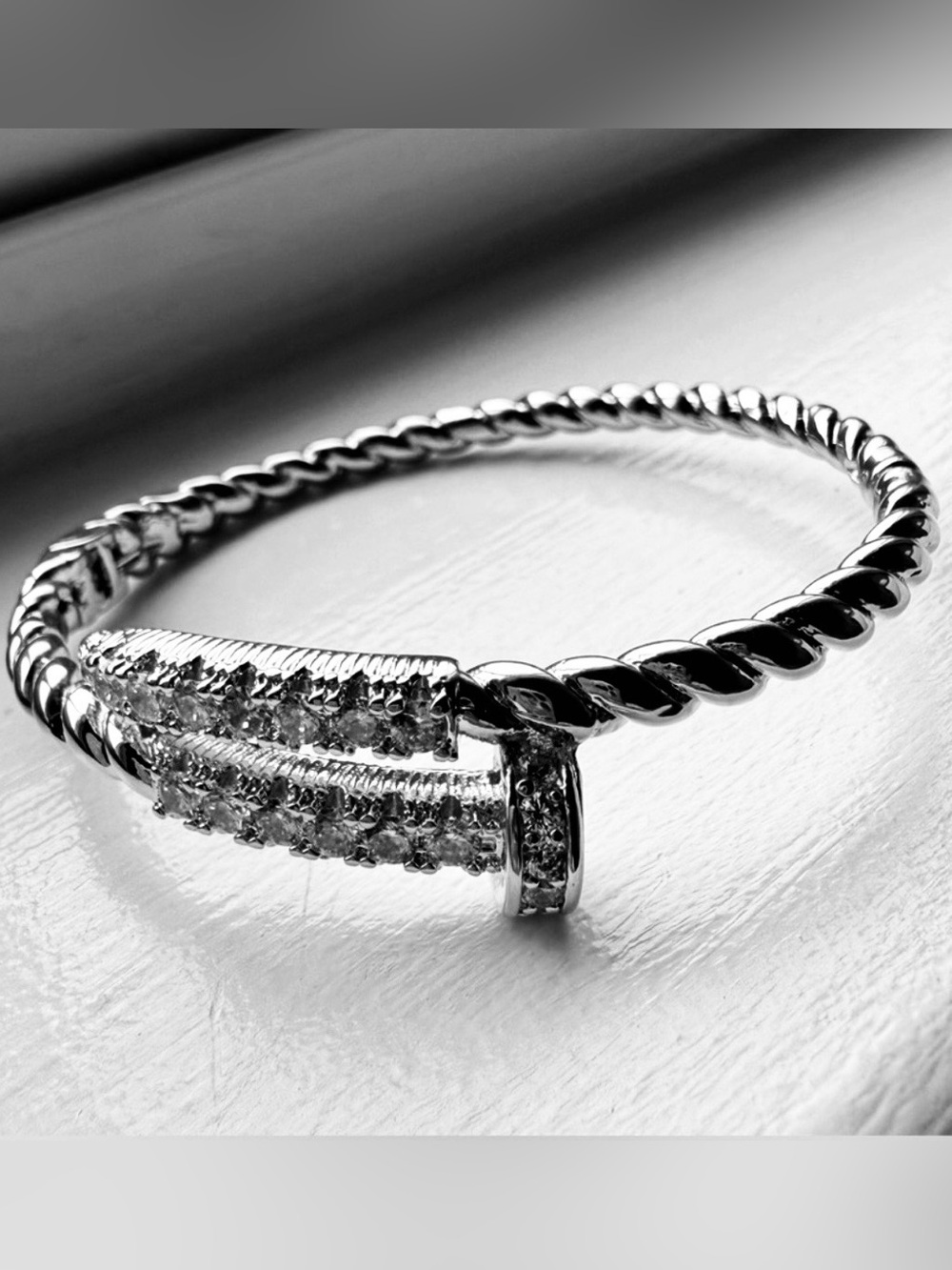 NEW! 14k White Gold Plated Twisted Cable Nail Design Hinged Bracelet